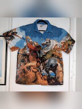 Very Rare Rubens Tiger Hunt Tapestry Collar Shirt - Blue